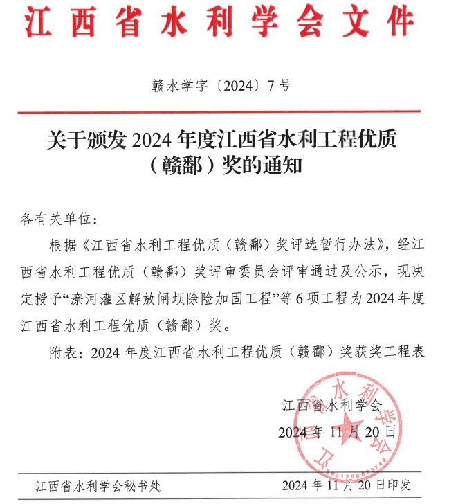 喜報(bào)｜建設(shè)集團(tuán)兩個(gè)項(xiàng)目榮獲2024年度江西省水利工程優(yōu)質(zhì)（贛鄱）獎